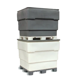A stack of two rectangular Tuff Tank worm compost bins, one black and one white, each with a lid. The bins have a tiered design and are supported by sturdy legs at the bottom. The black bin is placed on top of the white bin.