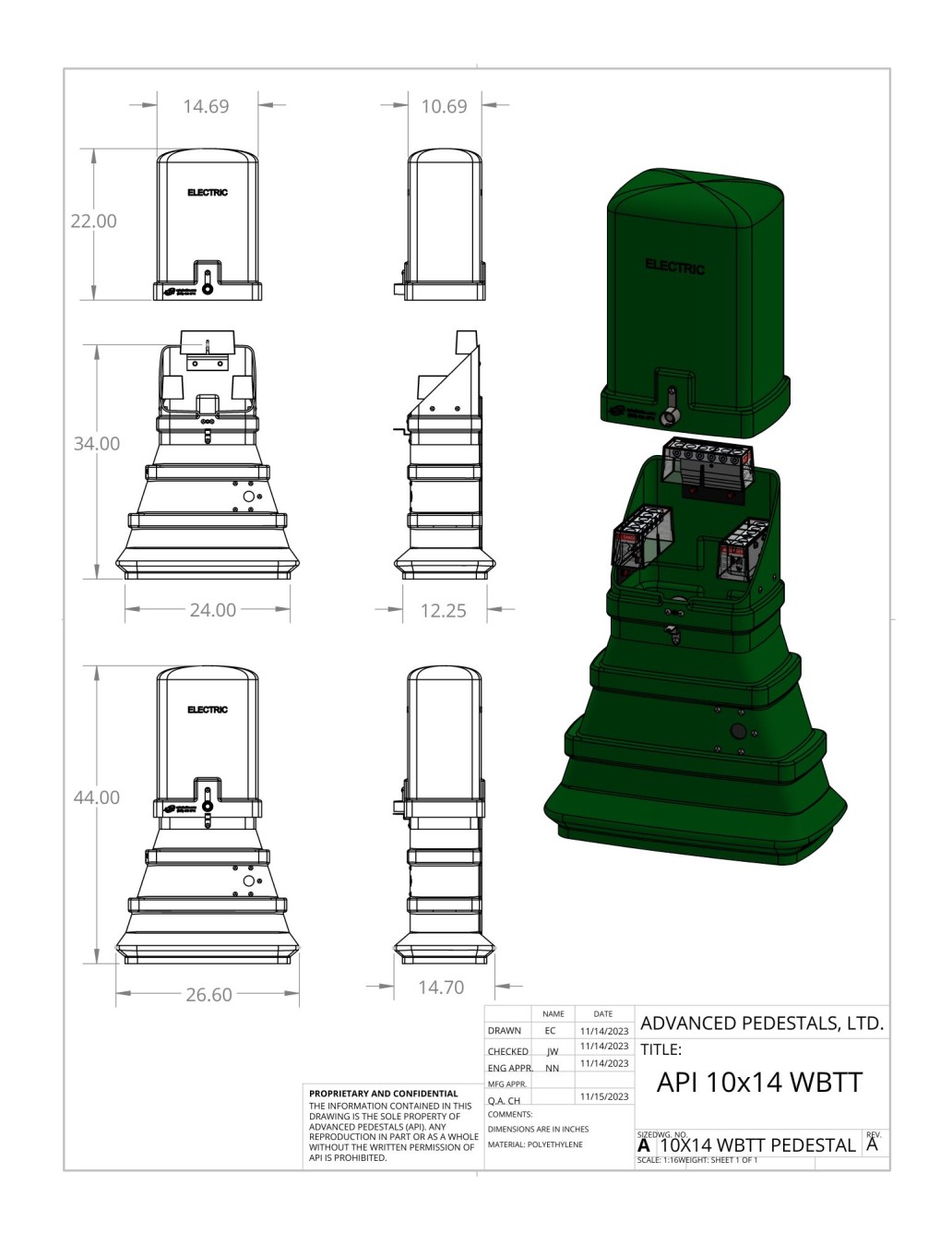 Technical drawing of a 10x14 WBTT Electrical Pedestal titled