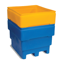 Introducing the Tuff Tank: a stackable storage bin featuring bright yellow and blue sections. The bin is rectangular with a robust design, including a blue base with interlocking features for stable stacking.