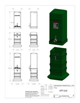Technical drawing of a green electrical pedestal labeled