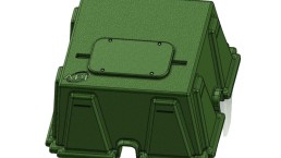 A green, rectangular, textured protective casing with a hinged cover and a raised embossed