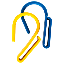 Two interlocking, U-shaped plastic hooks: one yellow, one blue. The yellow hook has a smooth surface, while the blue hook has a slight ridge. These electric utility accessories are designed to connect and hold items together. The image has a white background.