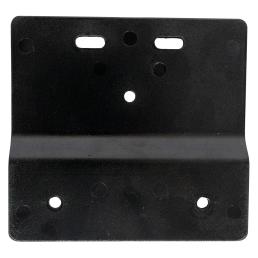 A black metal mounting bracket with multiple holes of varying sizes and shapes. The bracket has a right-angle bend, creating two flat surfaces that can be attached to different surfaces. Ideal for electric utility accessories, the design includes several rounded and elongated holes for versatile mounting options.