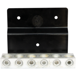 A metal mounting bracket with a black backplate and a silver hexagonal socket screw terminal block attached at the bottom. The terminal block, an essential component in electric utility accessories, features six screw terminals evenly spaced along its length.