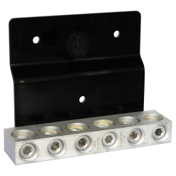 An L-shaped metal bracket with a black vertical plate and a silver horizontal plate featuring six hexagonal sockets arranged in a row. The black plate has two holes, and the silver section appears to be an electrical or mechanical connector, making it an essential piece among Electric Utility Accessories.