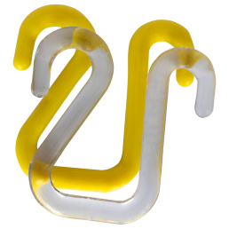 Two plastic S-shaped hooks intertwined, one clear and the other yellow, perfect as electric utility accessories. Both hooks feature a simple design with one end slightly wider than the other.