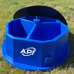 A vibrant blue plastic device with the logo 