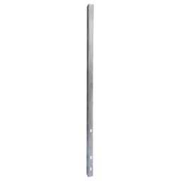 A tall, vertical metal pole with a rectangular cross-section and evenly spaced holes and cutouts along its length, designed to support electric utility accessories. The background is white.