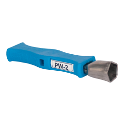 A blue-handled tool labeled 