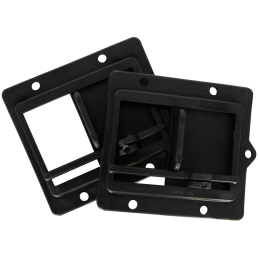 Two black rectangular plastic frames with open centers are positioned diagonally, overlapping slightly. Each frame contains a horizontal bar across the middle and has four corner holes for screws. These frames, ideal electric utility accessories, are designed for mounting or securing purposes.