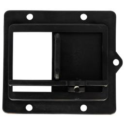 A black rectangular plastic component with an open rectangular cutout on the left side and a vertical sliding mechanism in the middle, essential for electric utility accessories. The piece has four screw holes at the corners and an extension with an additional hole on the right side.