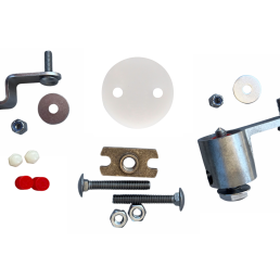 An assortment of hardware items, including electric utility accessories, arranged on a white background. The collection features screws, nuts, washers, a metal bracket, a circular plastic piece with two holes, red and white plastic caps, and a metal cylindrical piece with an attached arm.