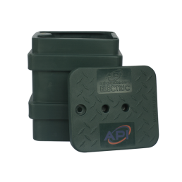 A green, rectangular, heavy-duty plastic enclosure with a removable lid, designed for electric pedestals. The lid features a textured surface, two circular openings, and is labeled with 