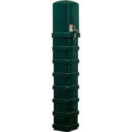 A tall, green, rectangular water storage tank with multiple horizontal ridges and a small faucet near the top. Made from durable material and designed for outdoor use to collect rainwater, it can be conveniently placed near electric pedestals for an organized setup.