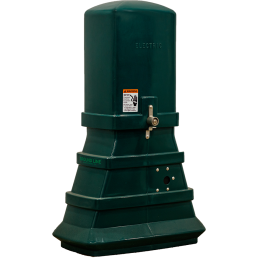 A tall, green electrical utility box with a label reading 