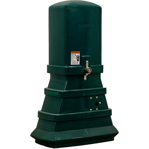 A tall, green electrical utility box with a label reading 