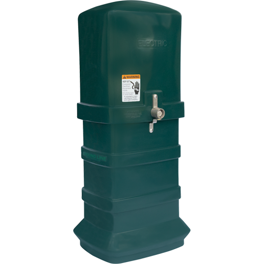 A green, vertically-oriented electrical enclosure with a latch on the front and a warning label towards the top. The sturdy, ribbed design of these electric pedestals features 