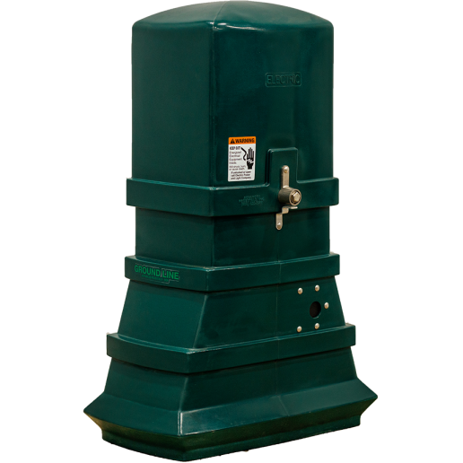Green, rectangular groundline electric pedestal with a warning label and a latch mechanism on the front. The pedestal features the word 