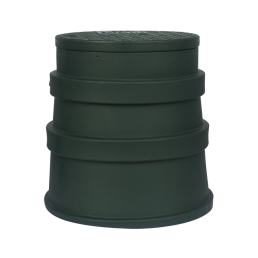 A green, cylindrical, stackable plastic compost bin with a conical shape and tiered sections for easy assembly and aeration. Reminiscent of electric pedestals, the lid is closed, and the surface has a slightly textured appearance.