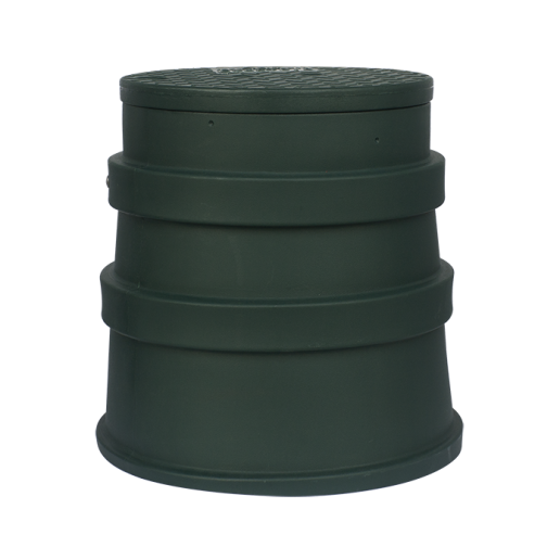 A green, cylindrical, stackable plastic compost bin with a conical shape and tiered sections for easy assembly and aeration. Reminiscent of electric pedestals, the lid is closed, and the surface has a slightly textured appearance.