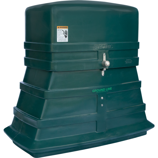 A large green electrical utility box, known as an electric pedestal, features a padlock on the front. The box has a warning label at the top left and 