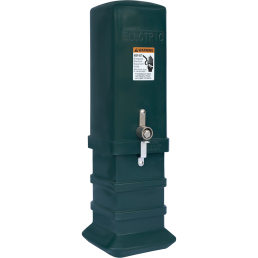 A tall, dark green, rectangular electric meter pedestal with a locking mechanism on the front. A visible warning label reads