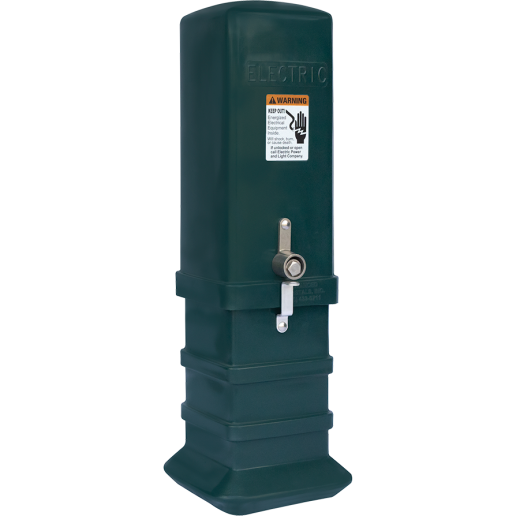 A tall, dark green, rectangular electric meter pedestal with a locking mechanism on the front. A visible warning label reads 