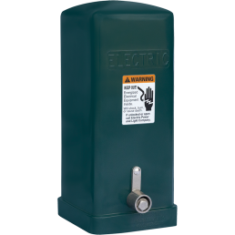 A rectangular green 6x6 electric pedestal with a warning label advises to keep out due to energized electrical equipment inside. The label features a caution symbol and text. A latch mechanism is located at the bottom of the front face of the box.