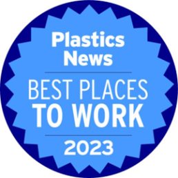 A blue badge with jagged edges reads 