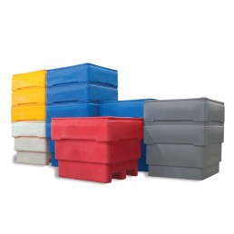 A collection of stacked Tuff Tank industrial plastic containers in various colors, including blue, red, grey, yellow, and light grey. The containers are of different sizes and are arranged in an organized manner against a white background.