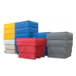 Several large Series 200 Tuff Tank plastic containers of varying colors (blue, red, yellow, gray, and white) are stacked in an organized manner against a plain white background. The containers appear to be sturdy and are designed for heavy-duty storage.
