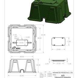 A technical drawing of an API transformer pad from Advanced Pedestals, Ltd. The image includes multiple views and measurements such as top, side, and bottom views, dimensions like 48
