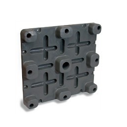 A square, gray plastic Tuff Tank component with a grid of cross-shaped indentations and protruding cylindrical knobs on its surface and edges. There are eight cylindrical extensions on the front and sides. The background is plain white.