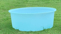 A large, light blue, oval-shaped plastic tub filled with water is placed on green grass outdoors. The tub has no markings or decorations and is set against a backdrop of lush grass, resembling a serene scene in the heart of nature's agriculture.